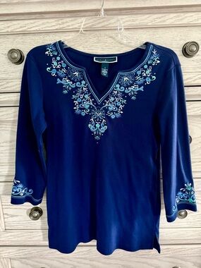 Karen Scott Navy Blue Embroidered V-Neck Tunic Top (S)